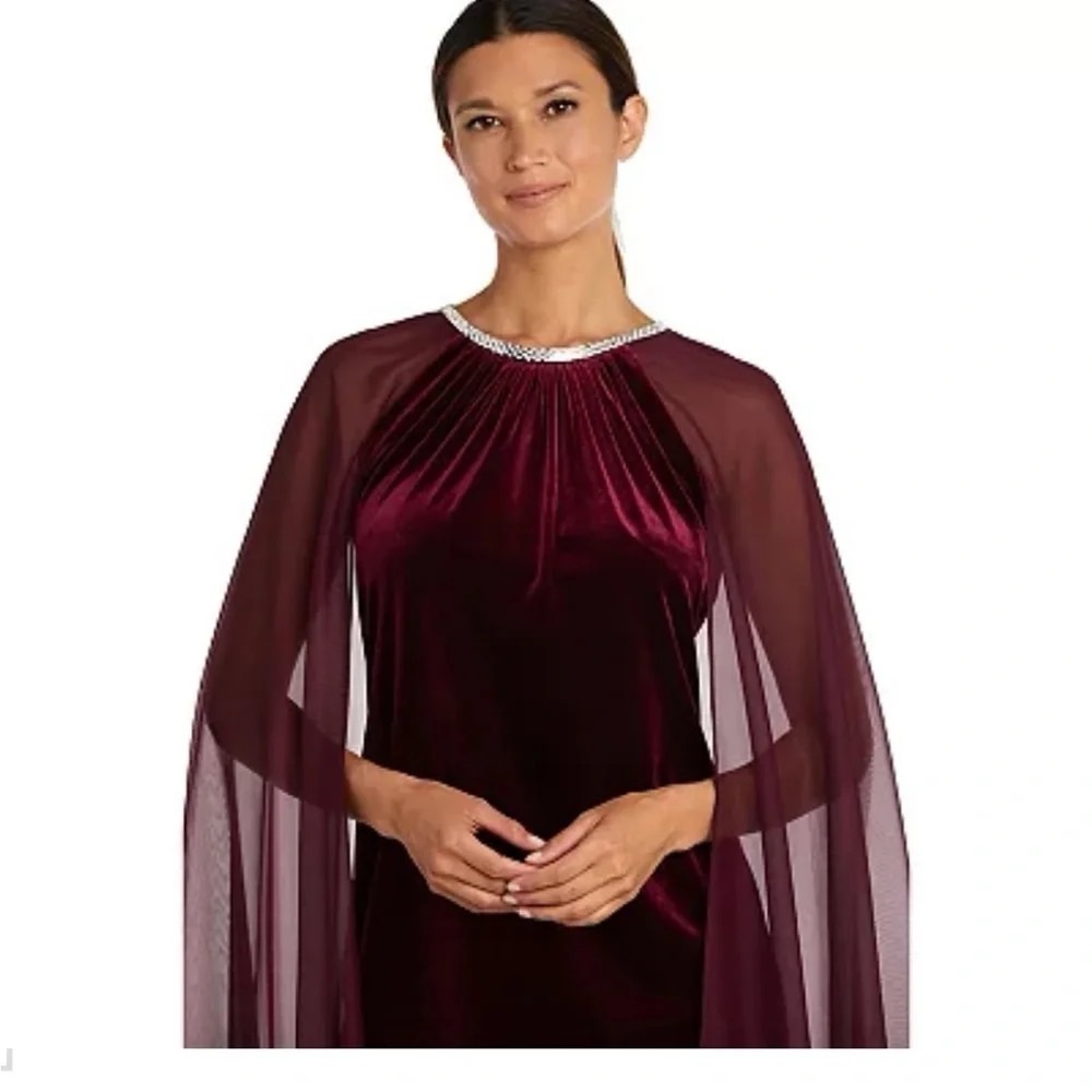 NWT R&M Richards Size 8 Plum Purple Rhinestone Cape Sleeve Sheath Dress Chiffon - Picture 4 of 15